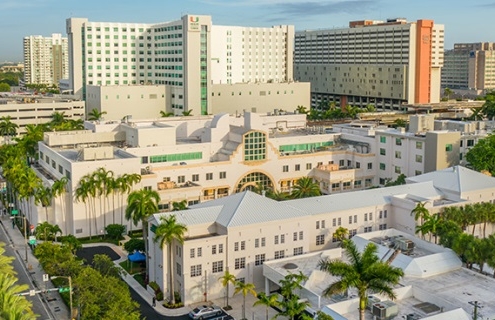 Aerial view of UHealth Tower Hospital with Sylvester Comprehensive Cancer Center in the foreground87 760x320