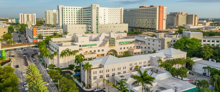 Aerial view of UHealth Tower Hospital with Sylvester Comprehensive Cancer Center in the foreground87 760x320