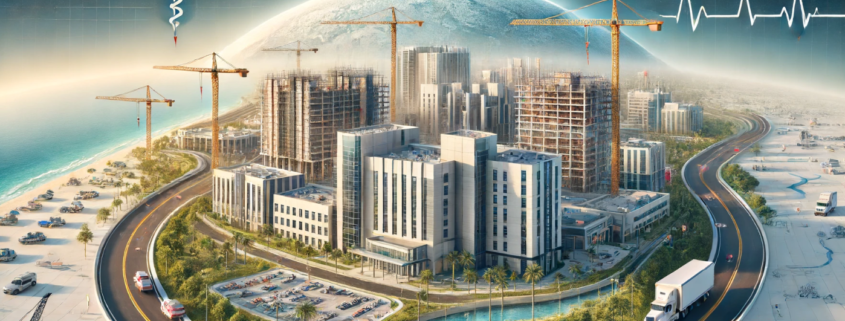 Modern healthcare facilities under construction in Florida, showcasing cranes and workers against a backdrop of newly built hospital buildings, symbolizing growth in the healthcare sector.