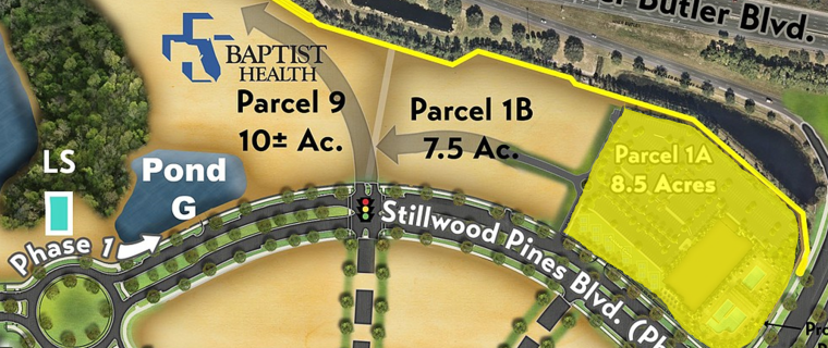 Two-story medical office building on Stillwood Pines Boulevard on this map of Seven Pines master-planned community in Jacksonville 760x320